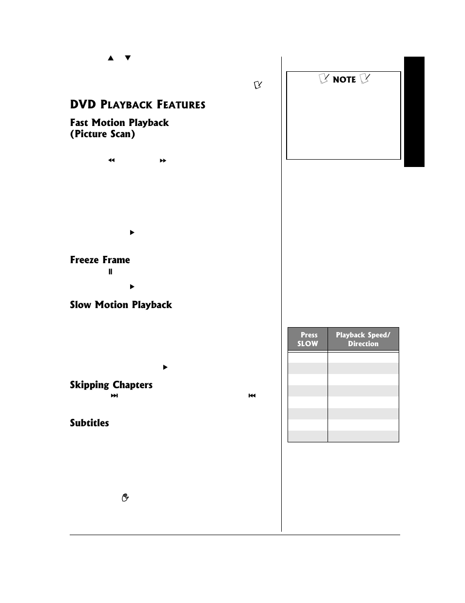 Dvd p, Fast motion playback (picture scan), Freeze frame | Slow motion playback, Skipping chapters, Subtitles | Radio Shack 16-3313 User Manual | Page 15 / 28