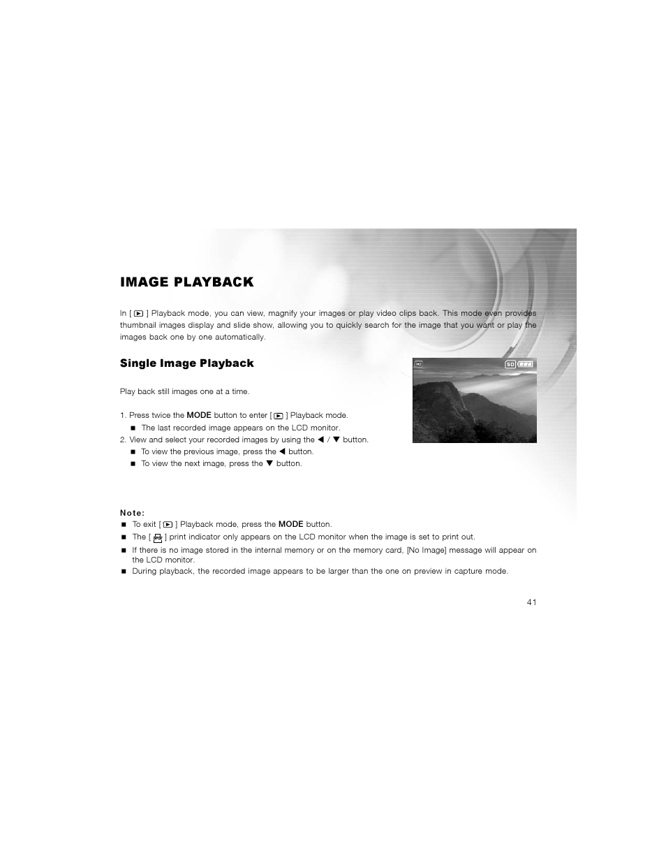 Image playback, Single image playback | Radio Shack OPTIMUS 16-3869 User Manual | Page 43 / 73