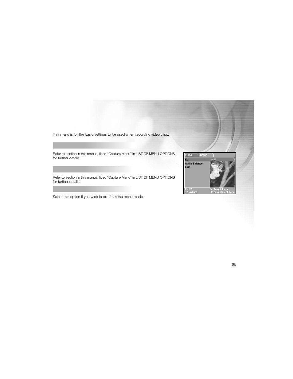Video menu, White balance, Exit | Radio Shack OPTIMUS 16-3869 User Manual | Page 67 / 73