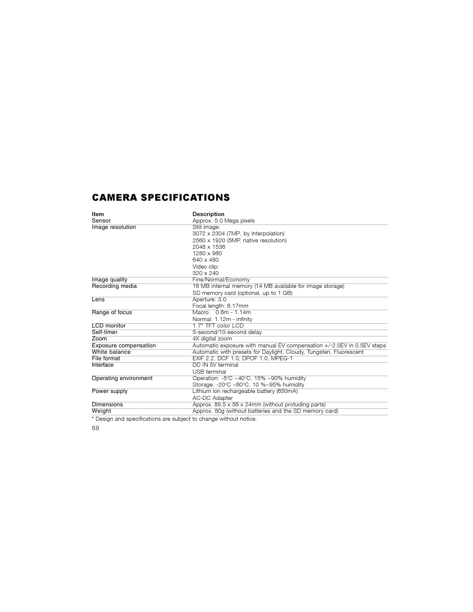 Camera specifications | Radio Shack OPTIMUS 16-3869 User Manual | Page 70 / 73