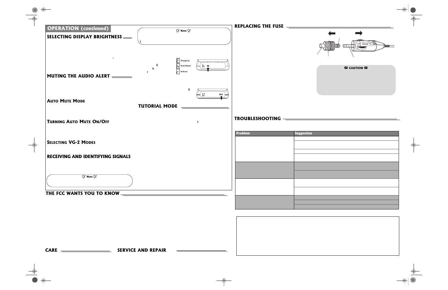 Operation (continued), Troubleshooting, Selecting display brightness | Muting the audio alert, Vg-2 m, Receiving and identifying signals, The fcc wants you to know, Replacing the fuse, Care, Service and repair | Radio Shack 22-1696 User Manual | Page 2 / 2