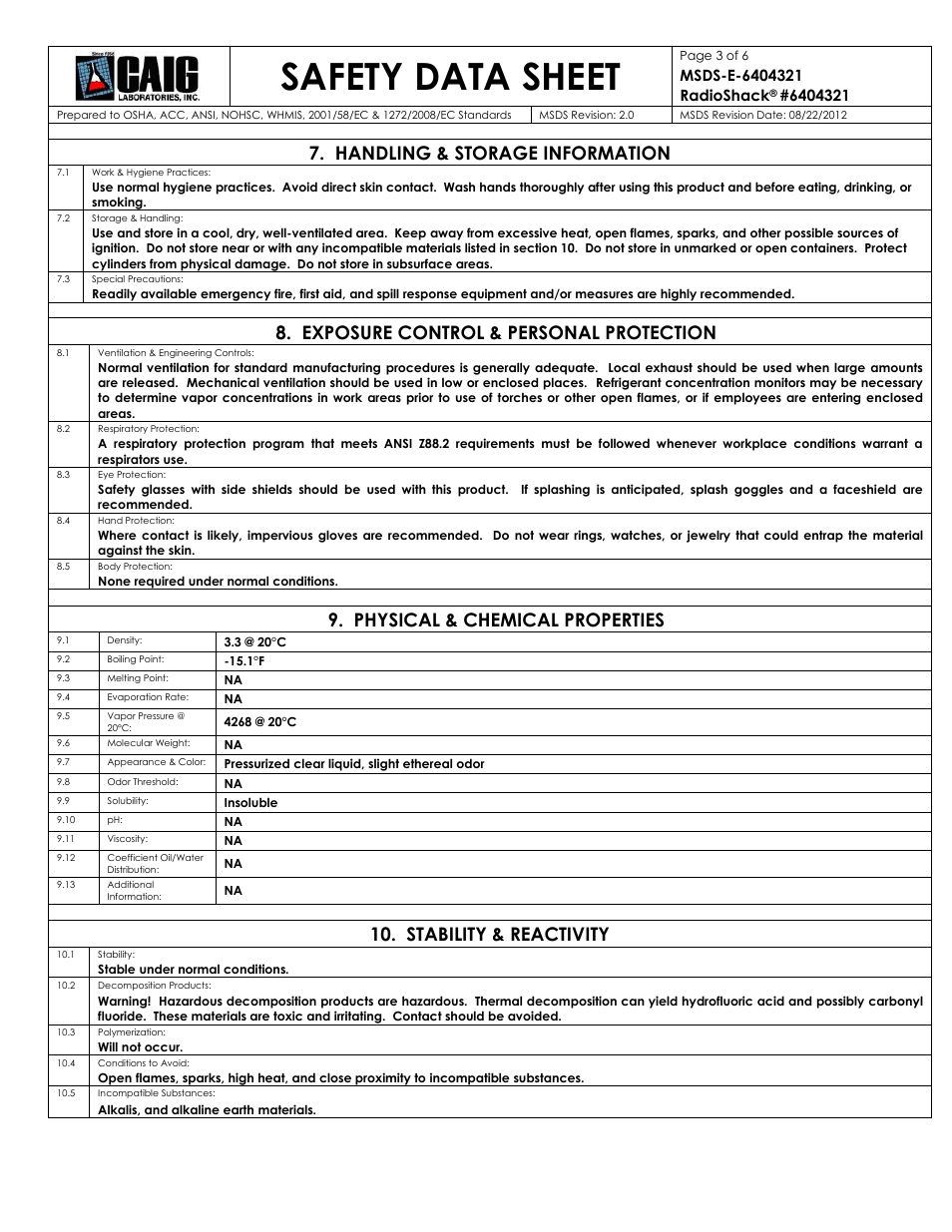 Safety data sheet, Handling & storage information, Exposure control & personal protection | Physical & chemical properties, Stability & reactivity | Radio Shack 640-4321 User Manual | Page 3 / 6