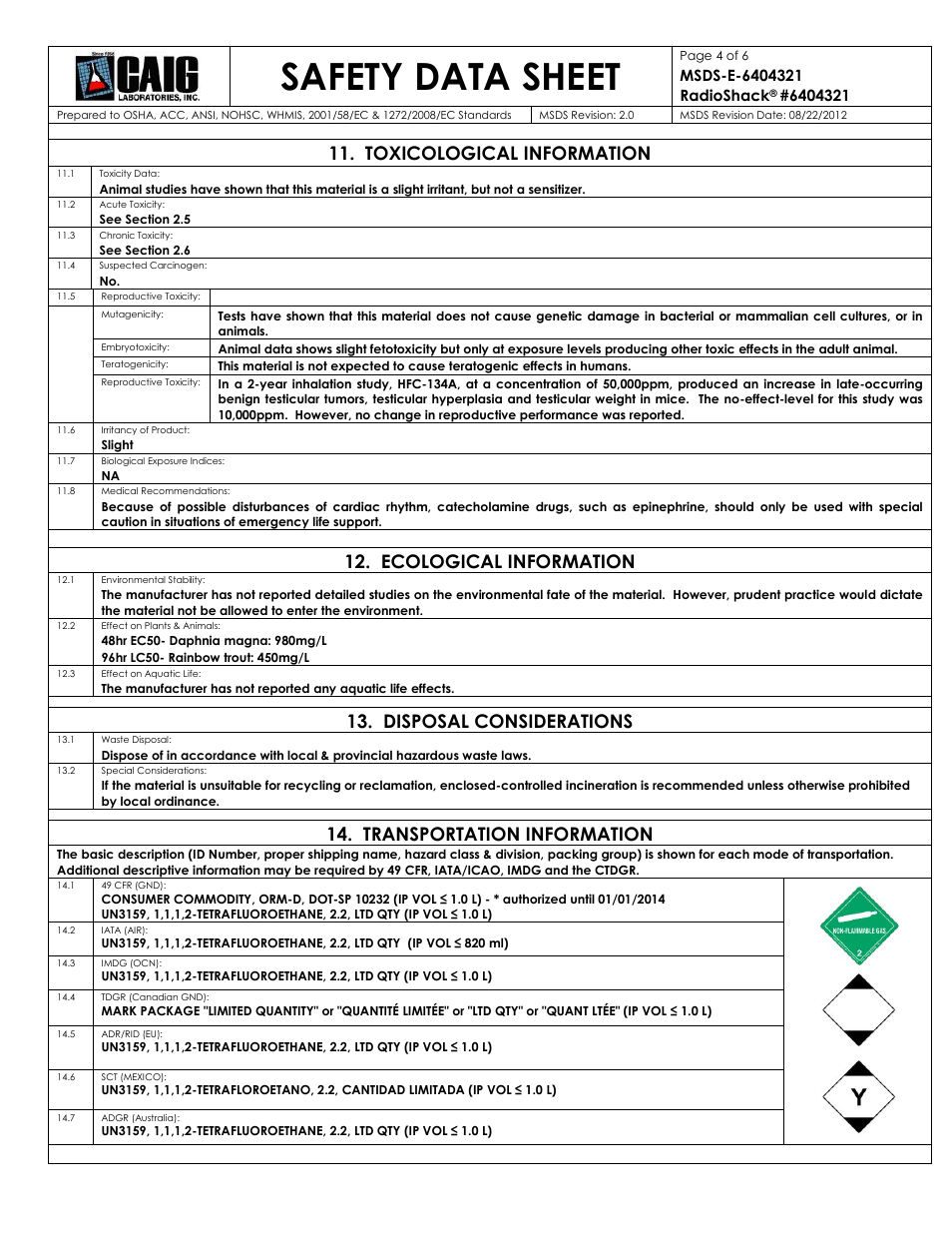 Safety data sheet, Toxicological information, Ecological information | Disposal considerations, Transportation information | Radio Shack 640-4321 User Manual | Page 4 / 6