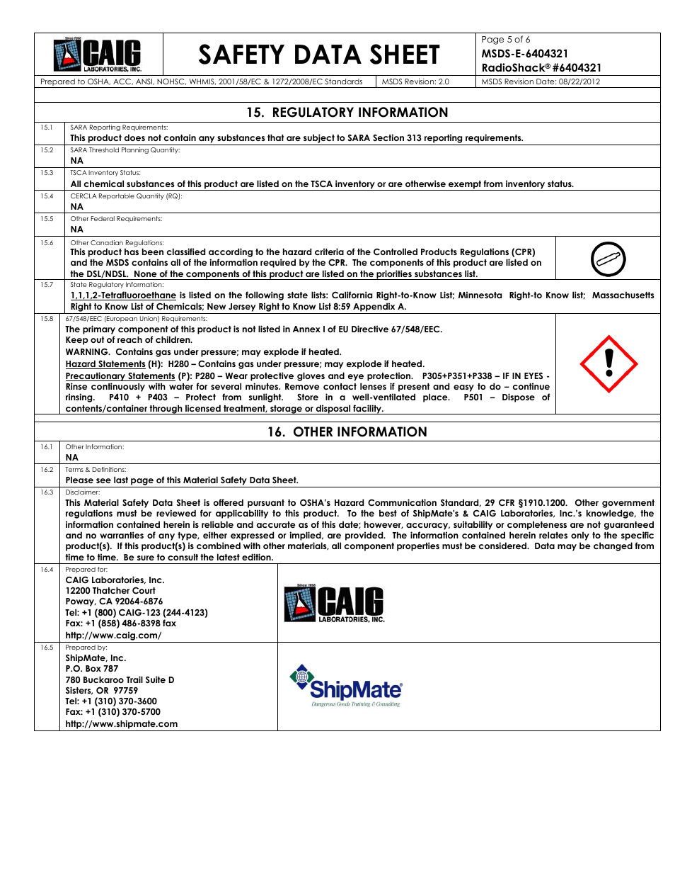 Safety data sheet, Regulatory information, Other information | Radio Shack 640-4321 User Manual | Page 5 / 6