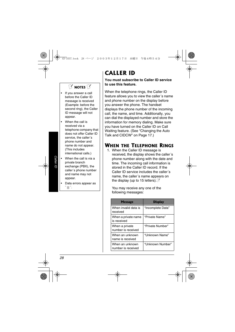 Caller id | Radio Shack 43-3557 User Manual | Page 28 / 36