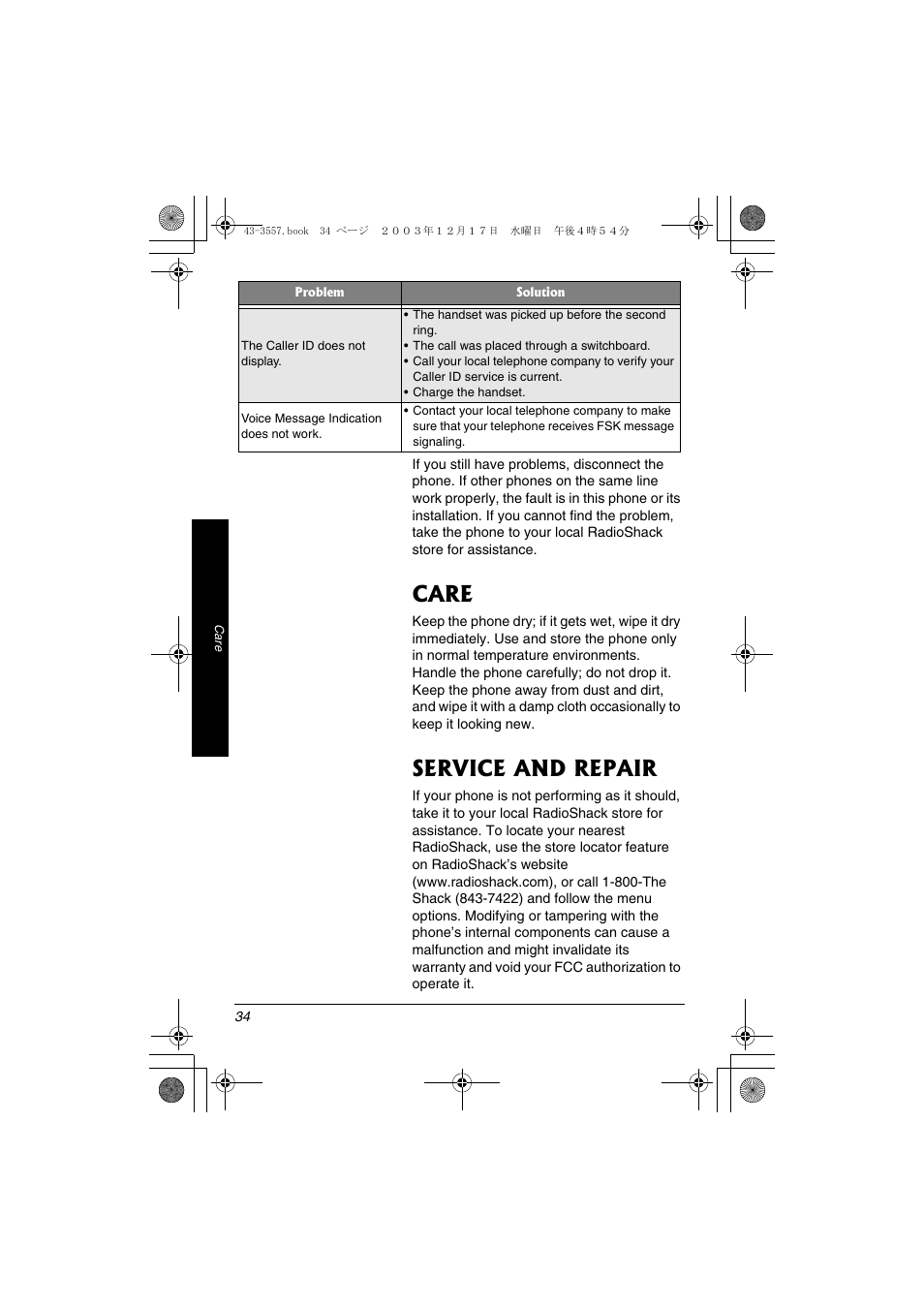 Care, Service and repair | Radio Shack 43-3557 User Manual | Page 34 / 36