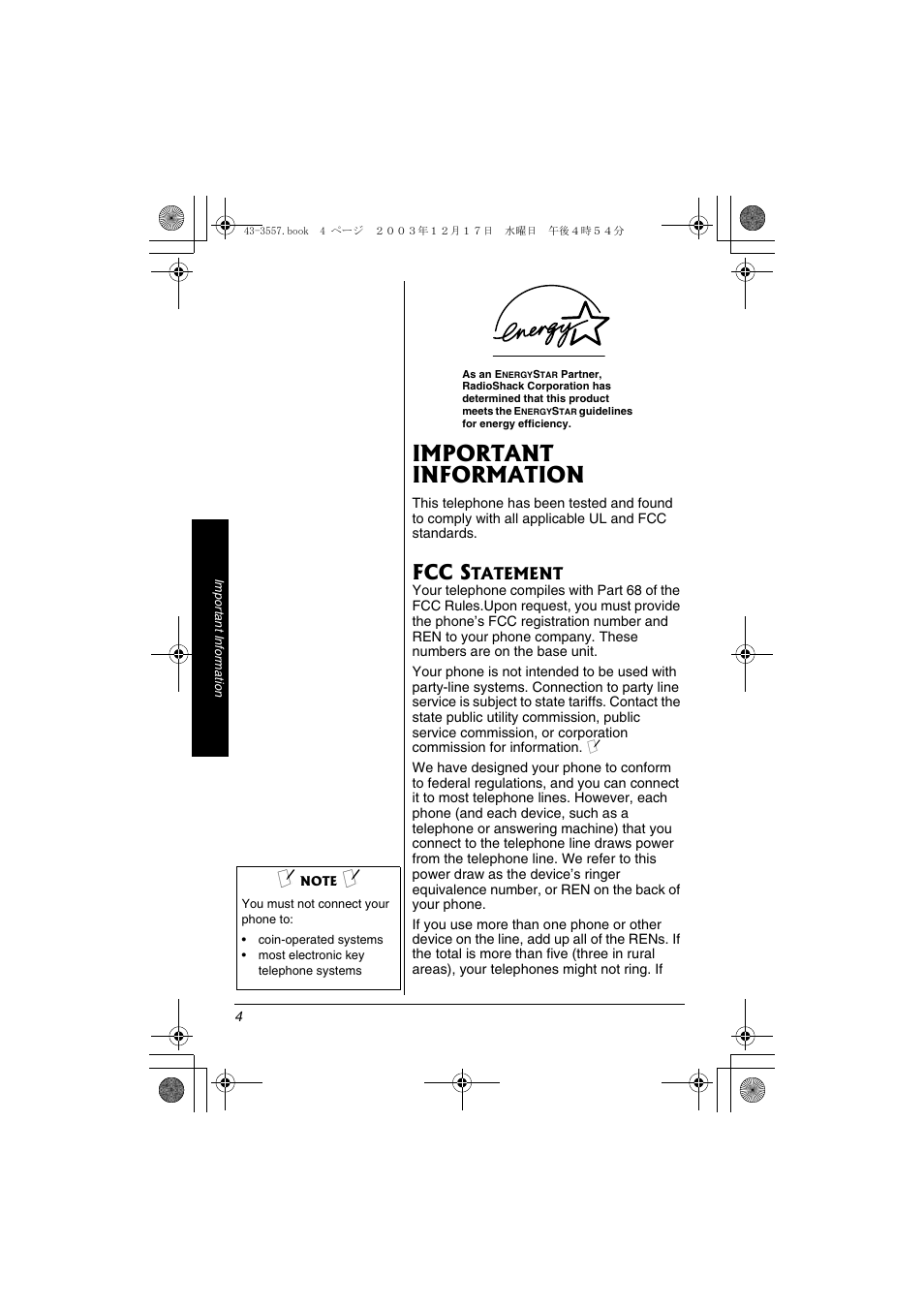 Important information, Fcc s | Radio Shack 43-3557 User Manual | Page 4 / 36