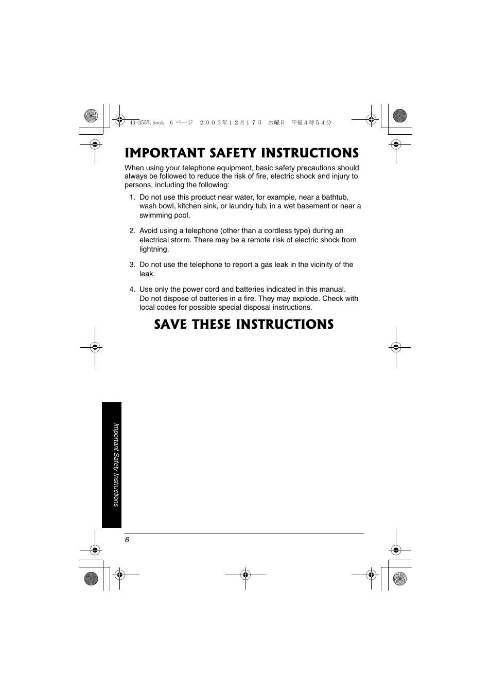 Important safety instructions, Save these instructions | Radio Shack 43-3557 User Manual | Page 6 / 36