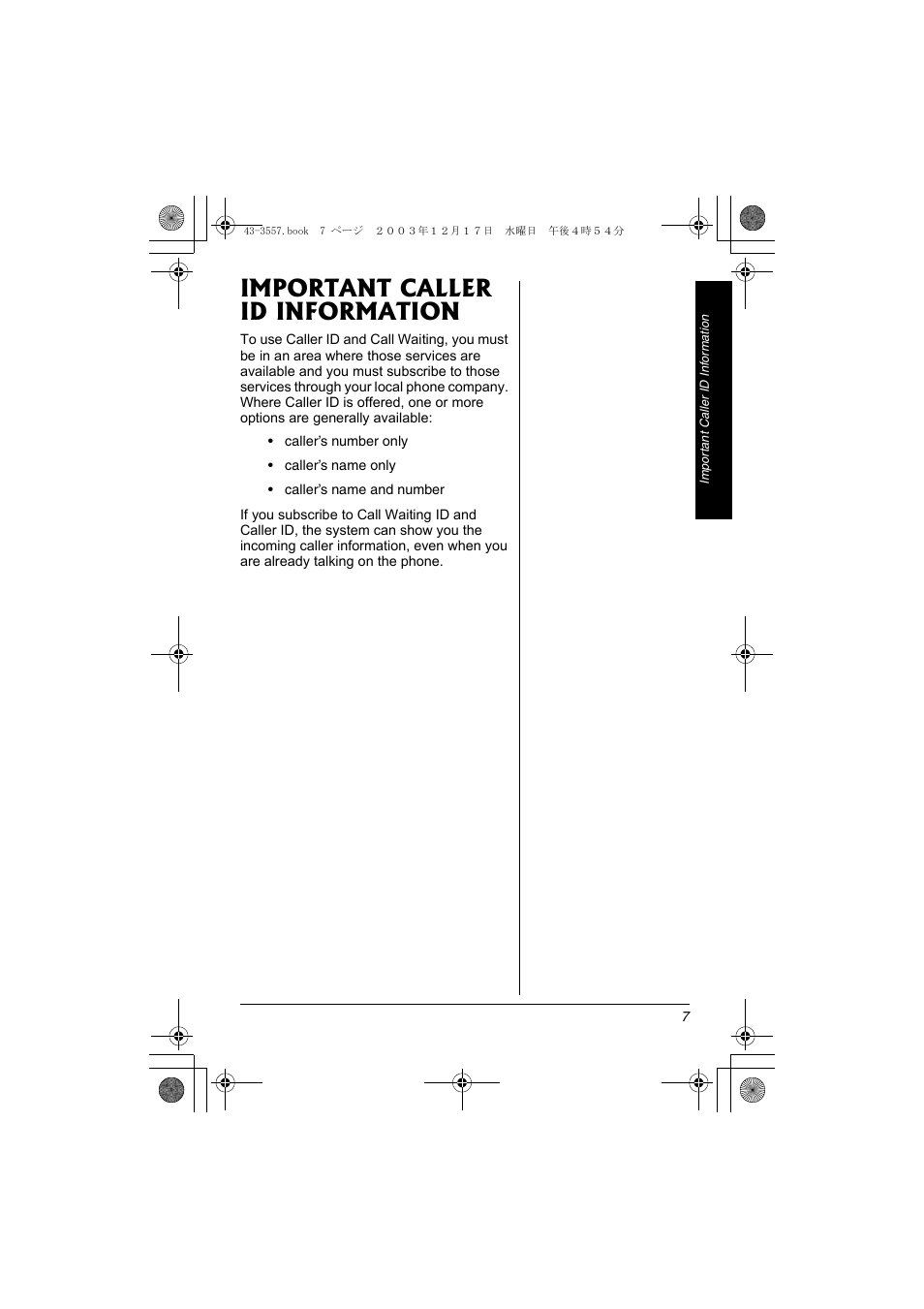 Important caller id information | Radio Shack 43-3557 User Manual | Page 7 / 36