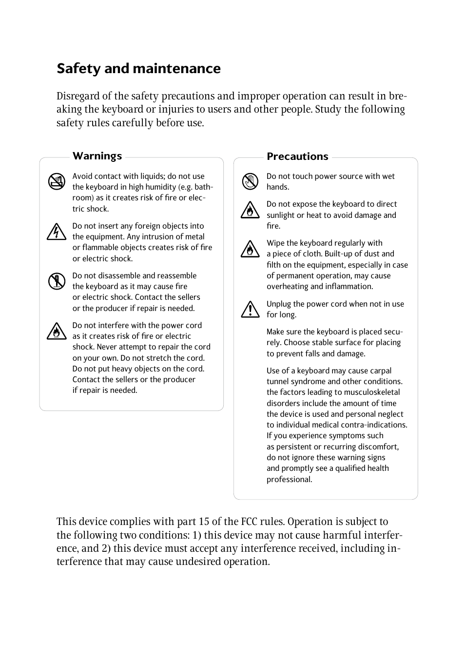 Safety and maintenance | Radio Shack Maximus Keyboard User Manual | Page 4 / 10