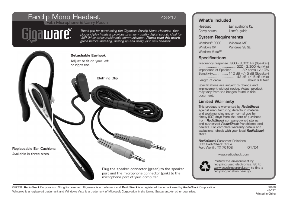 Radio Shack Gigaware 43-217 User Manual | 1 page