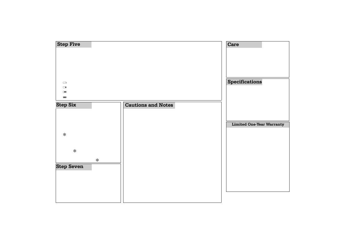 Step five, Care, Specifications step six | Step seven | Radio Shack 63-1039 User Manual | Page 2 / 2