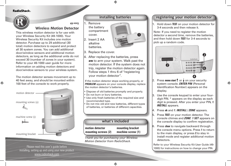 Radio Shack 49-1003 User Manual | 2 pages