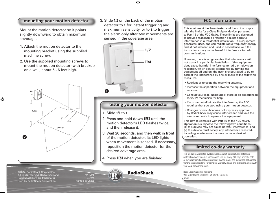 Fcc information, Testing your motion detector | Radio Shack 49-1003 User Manual | Page 2 / 2