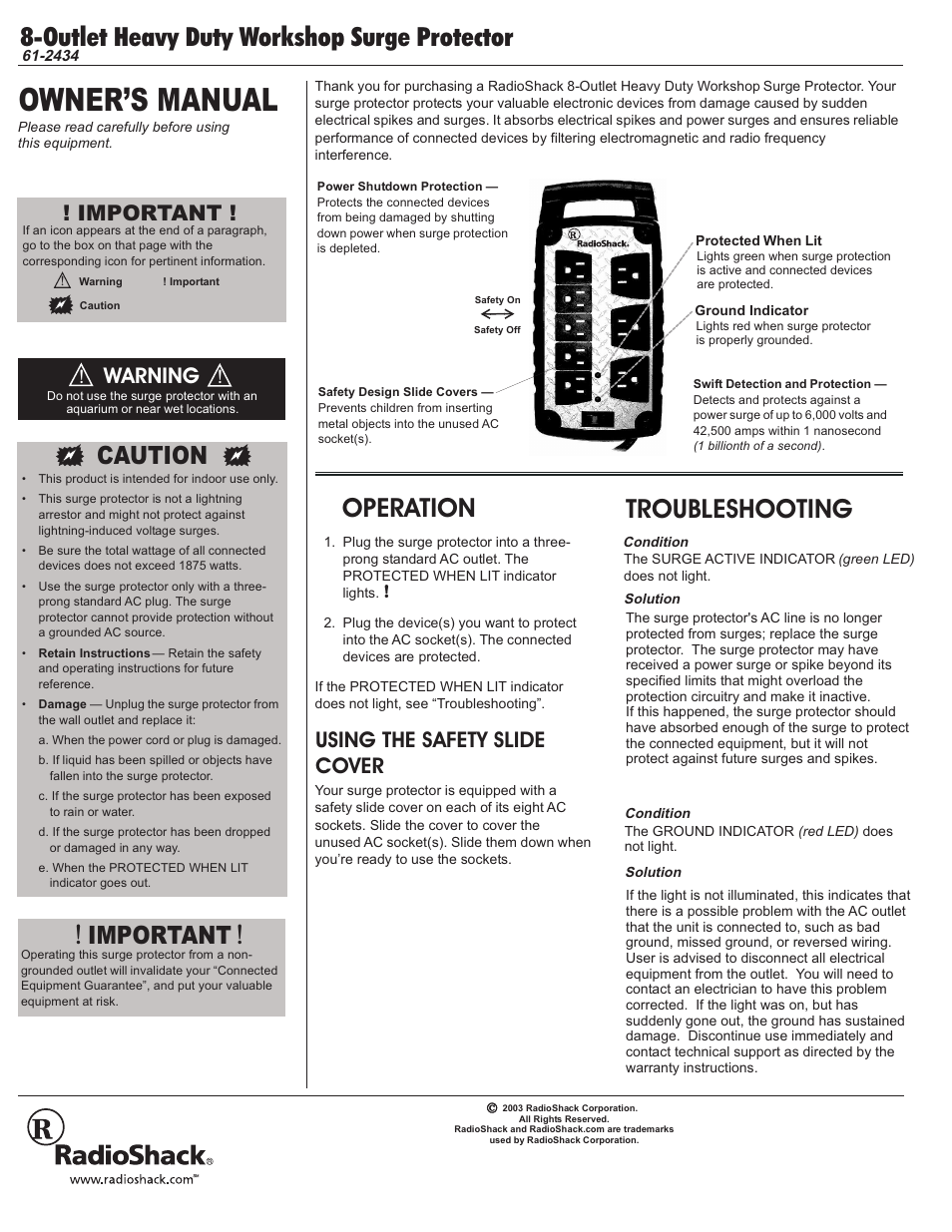 Radio Shack 61-2434 User Manual | 2 pages