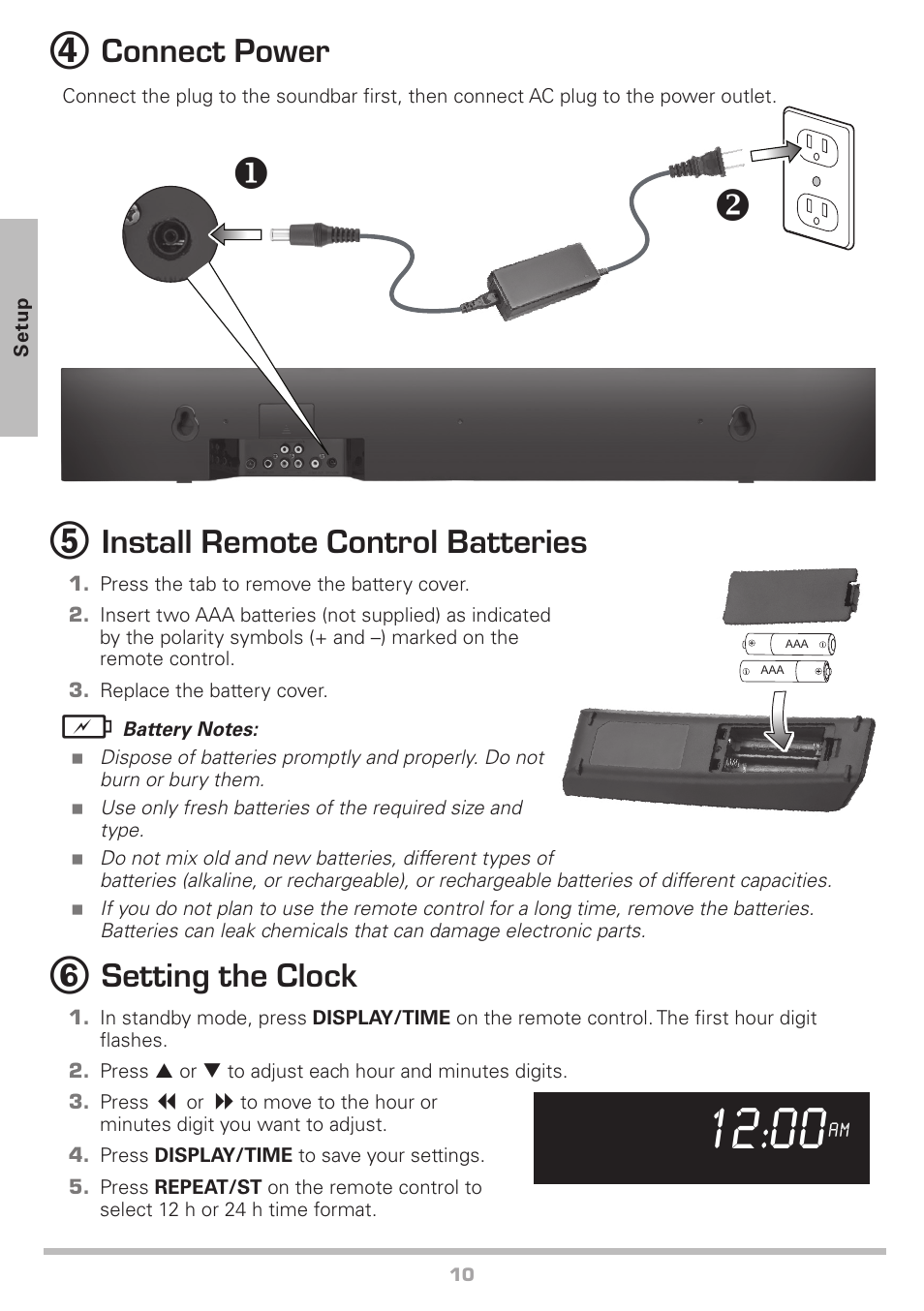 Connect power, Install remote control batteries, Setting the clock | Radio Shack Auvio 40-294 User Manual | Page 10 / 16