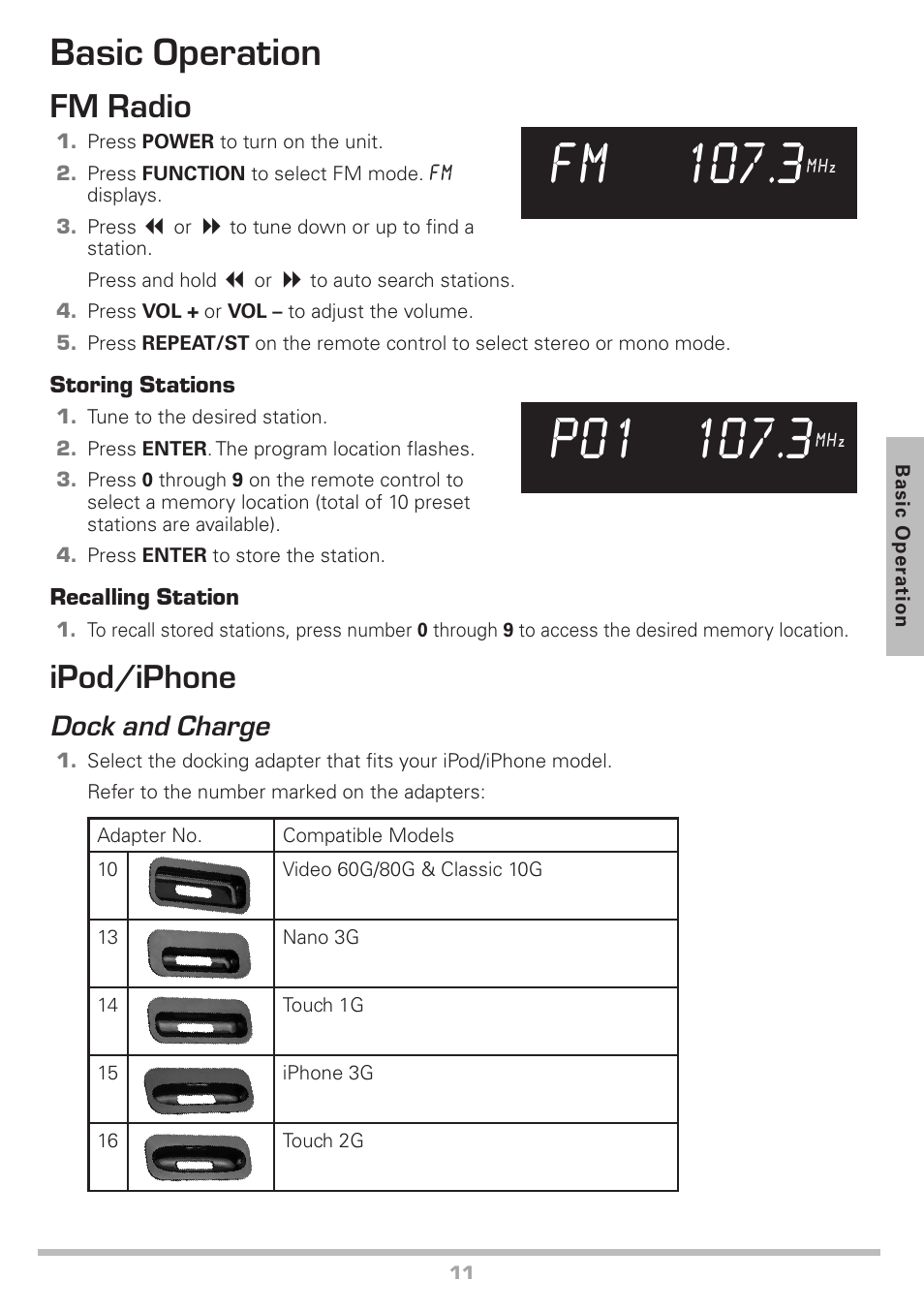 Fm 107.3, Basic operation, Fm radio | Ipod/iphone, Dock and charge | Radio Shack Auvio 40-294 User Manual | Page 11 / 16