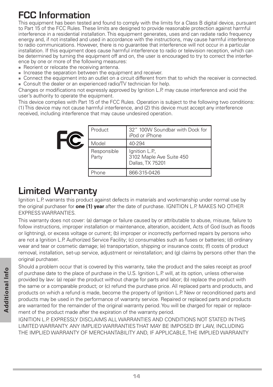 Fcc information, Limited warranty | Radio Shack Auvio 40-294 User Manual | Page 14 / 16