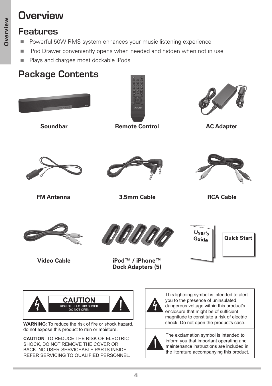 Overview, Features, Package contents | Caution | Radio Shack Auvio 40-294 User Manual | Page 4 / 16