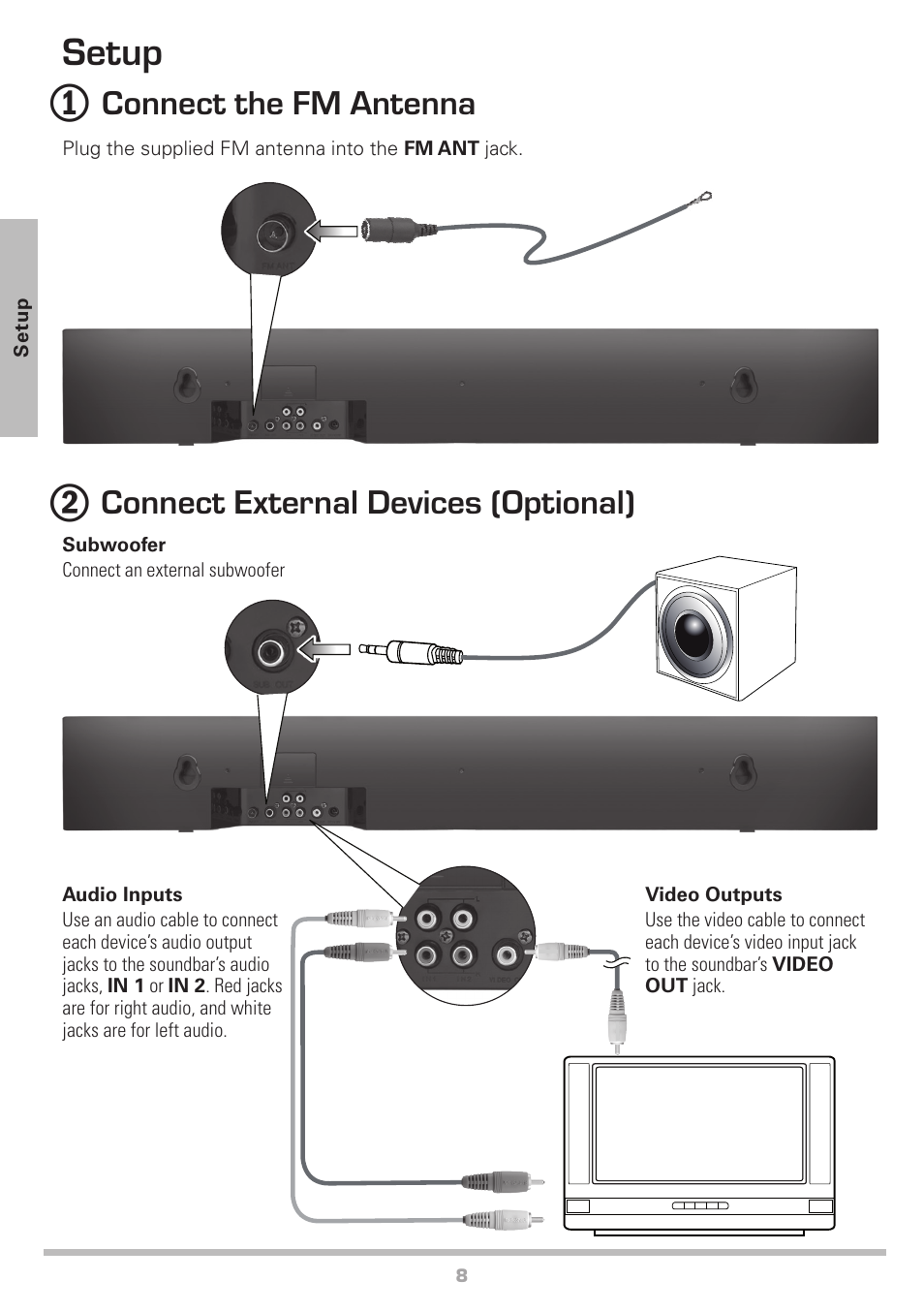 Setup, Connect the fm antenna, Connect external devices (optional) | Radio Shack Auvio 40-294 User Manual | Page 8 / 16