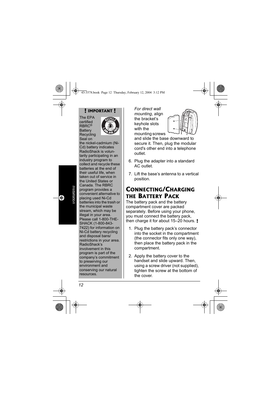 Connecting/charging the battery, Pack | Radio Shack 43-3578 User Manual | Page 12 / 44