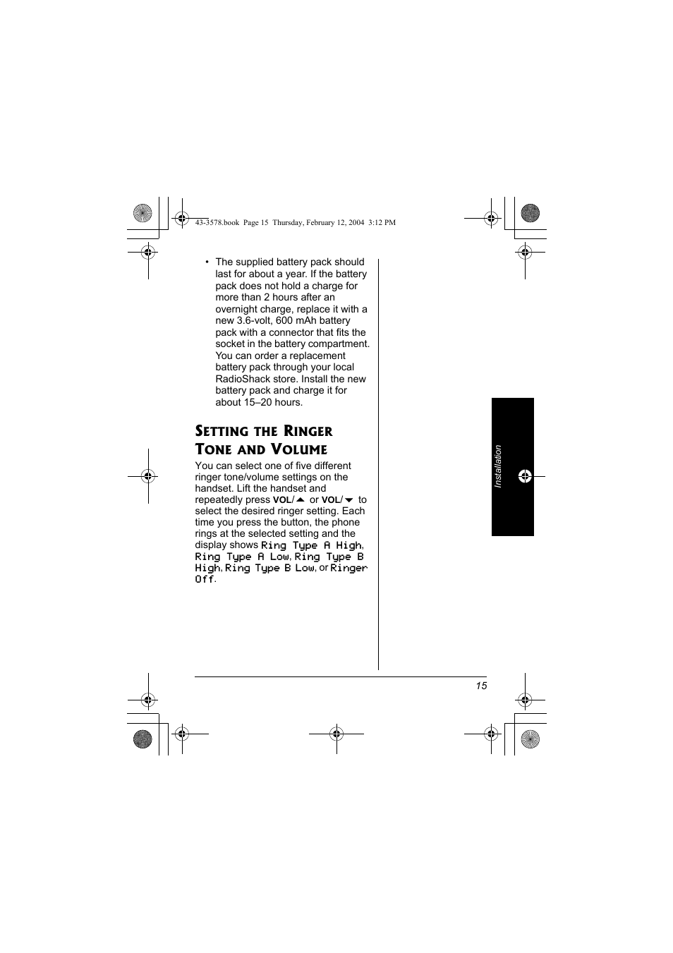 Setting the ringer tone and, Volume | Radio Shack 43-3578 User Manual | Page 15 / 44