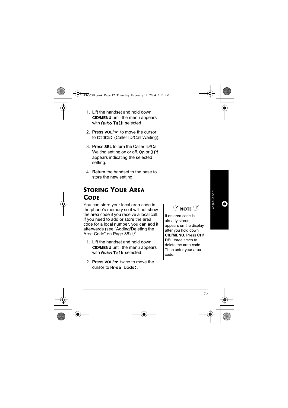 Storing your area code | Radio Shack 43-3578 User Manual | Page 17 / 44