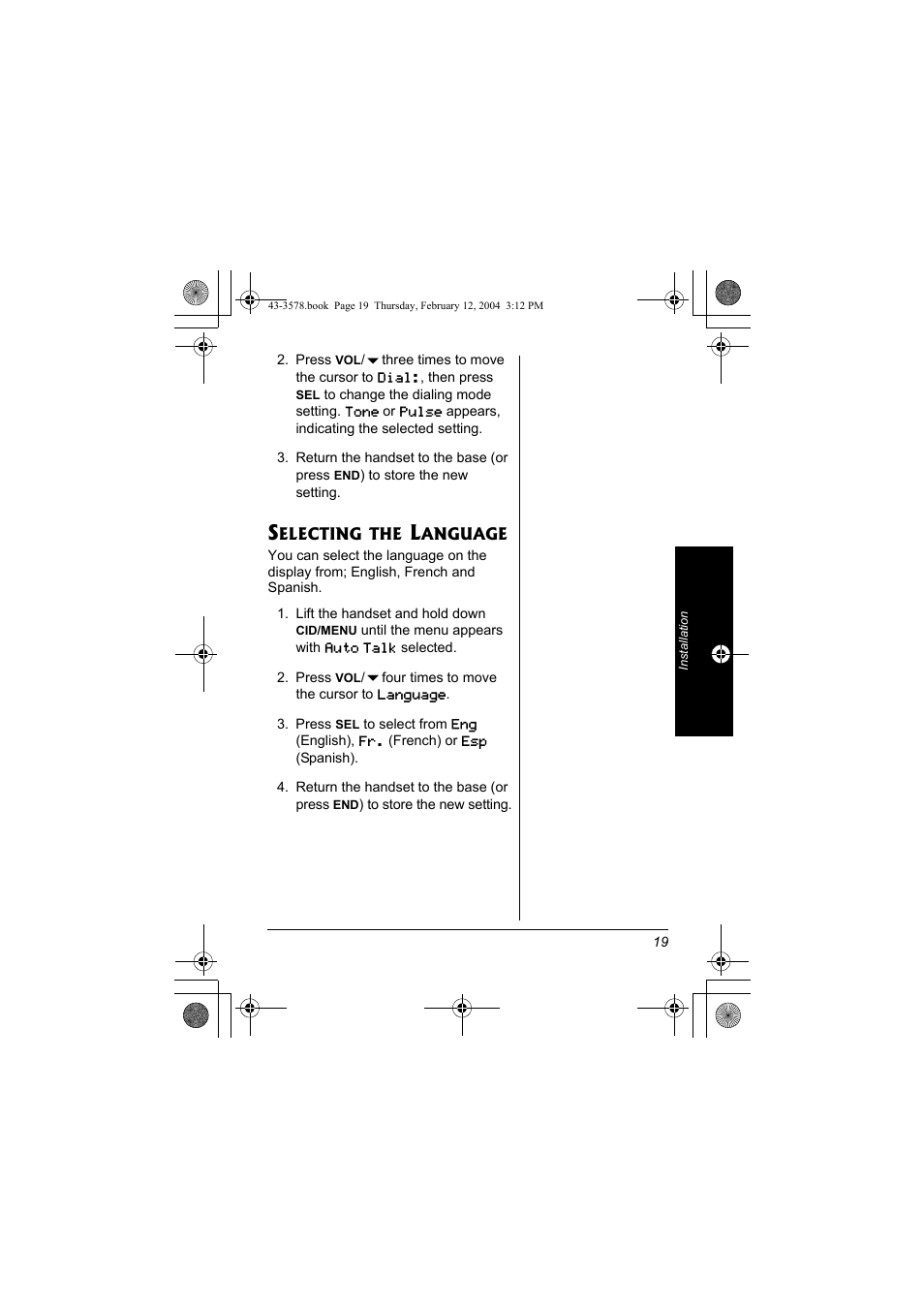 Selecting the language | Radio Shack 43-3578 User Manual | Page 19 / 44