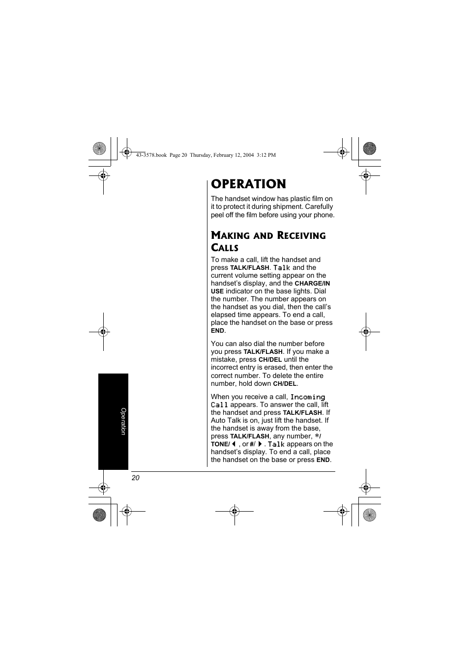 Operation, Making and receiving calls | Radio Shack 43-3578 User Manual | Page 20 / 44