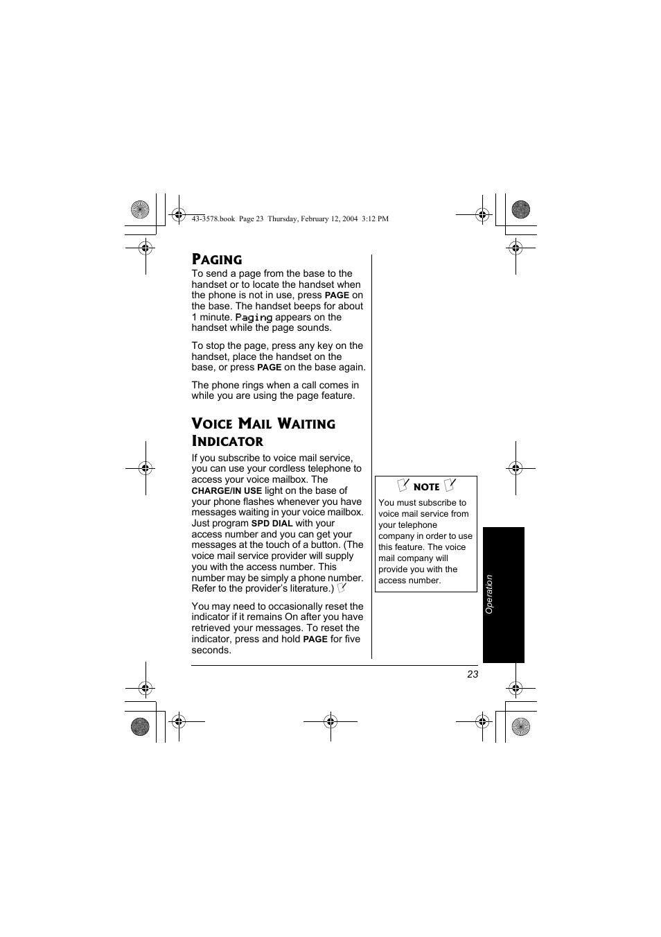 Paging voice mail waiting indicator | Radio Shack 43-3578 User Manual | Page 23 / 44