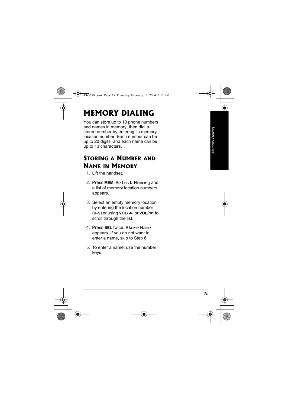 Memory dialing, Storing a number and name in, Memory | Radio Shack 43-3578 User Manual | Page 25 / 44
