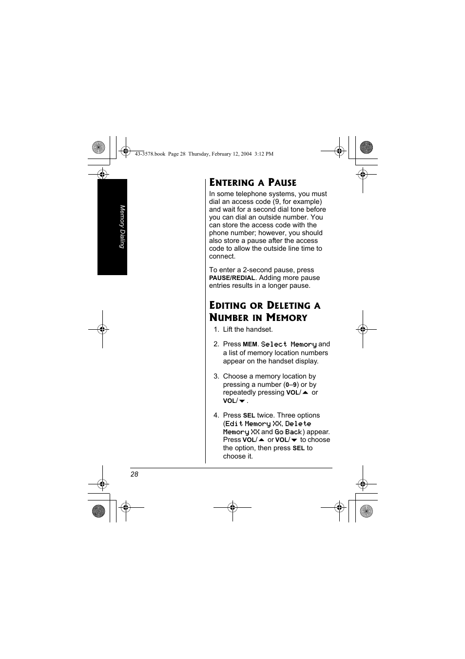 Entering a pause editing or deleting a number in, Memory | Radio Shack 43-3578 User Manual | Page 28 / 44