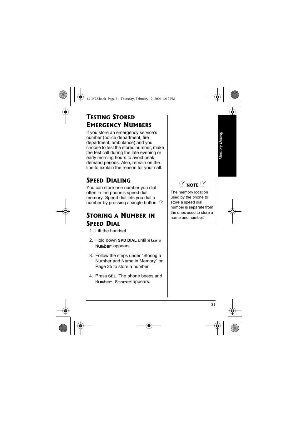 Testing stored emergency, Numbers, Speed dialing storing a number in speed | Dial | Radio Shack 43-3578 User Manual | Page 31 / 44