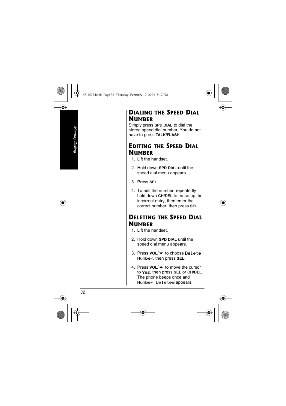 Dialing the speed dial, Number, Editing the speed dial | Deleting the speed dial | Radio Shack 43-3578 User Manual | Page 32 / 44