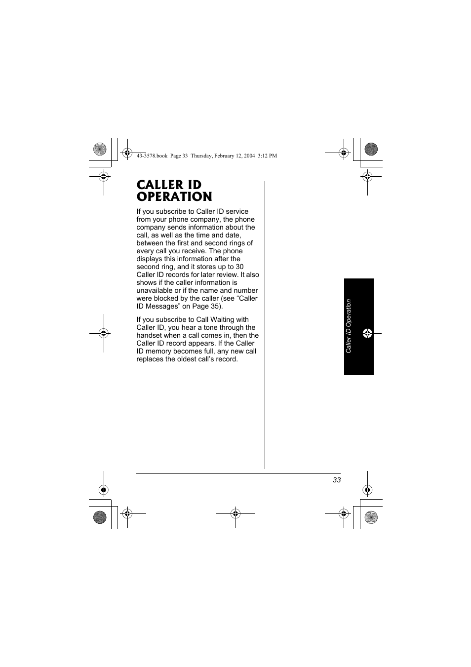 Caller id operation | Radio Shack 43-3578 User Manual | Page 33 / 44