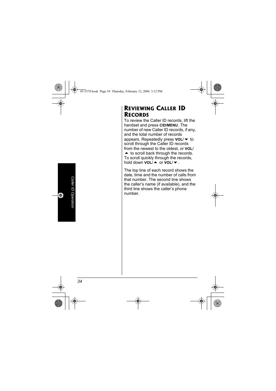 Reviewing caller id records, Id r | Radio Shack 43-3578 User Manual | Page 34 / 44