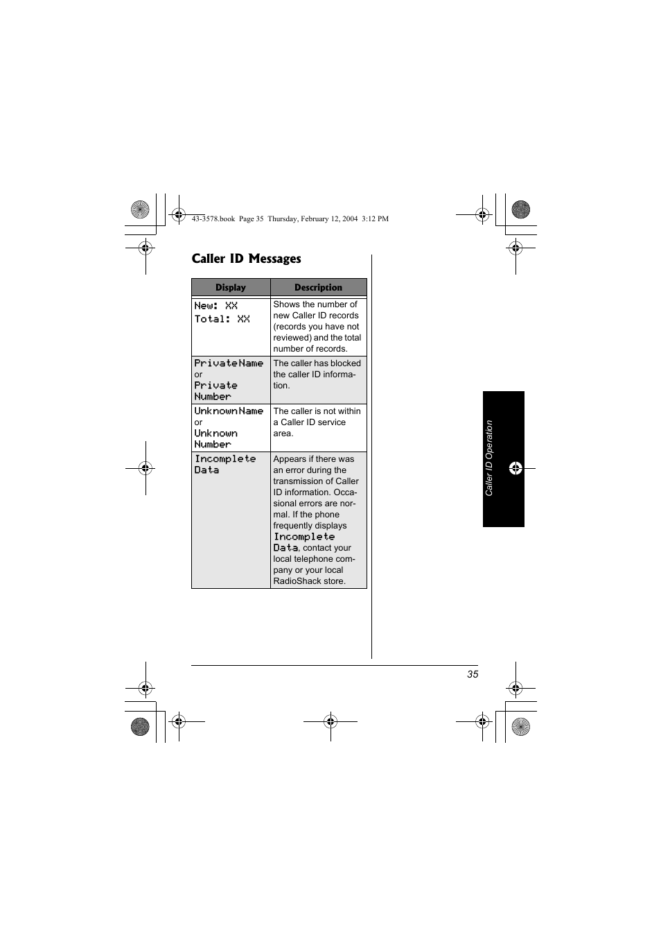 Caller id messages | Radio Shack 43-3578 User Manual | Page 35 / 44