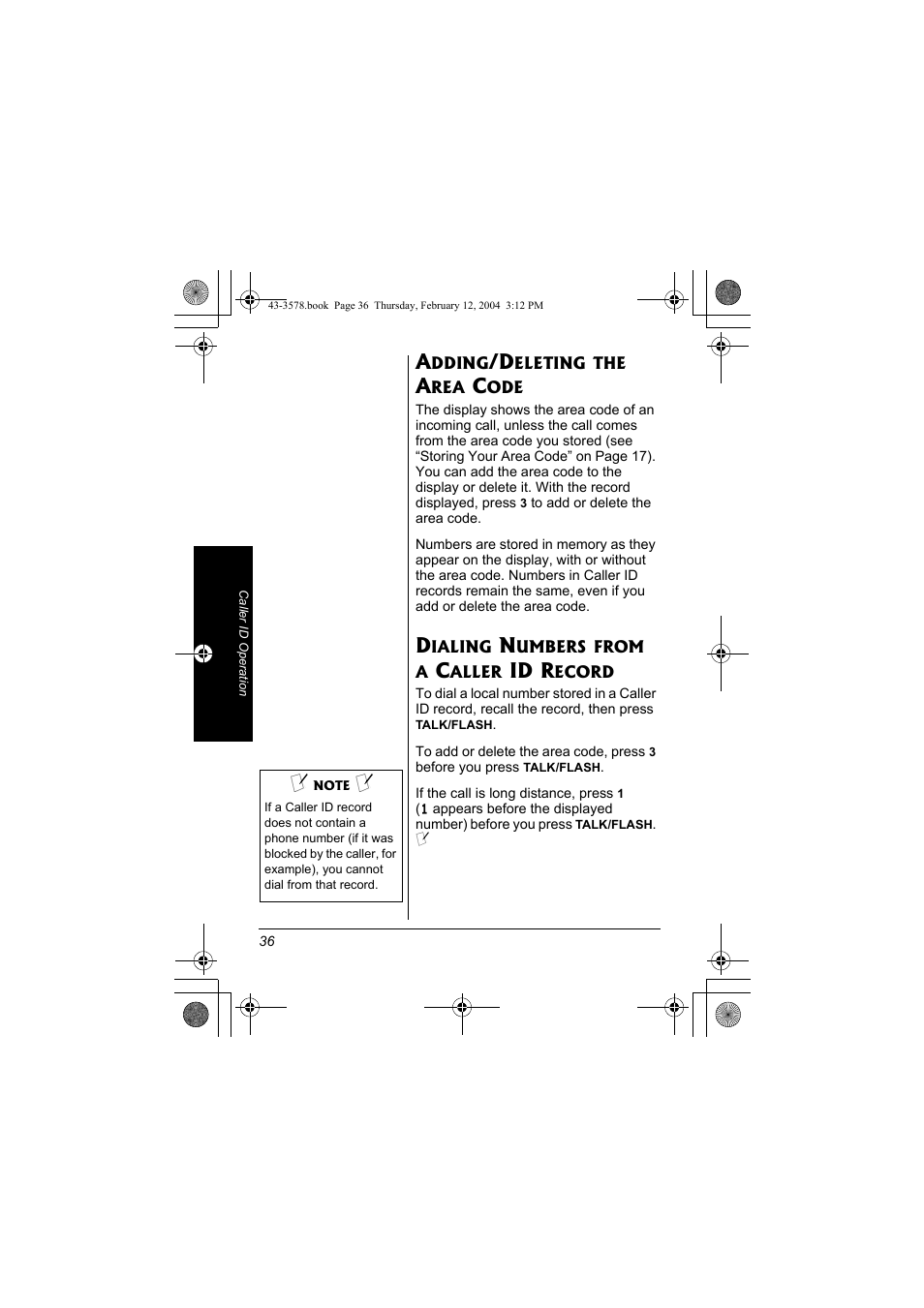 Adding/deleting the area, Code, Dialing numbers from a caller id | Record, Id r | Radio Shack 43-3578 User Manual | Page 36 / 44