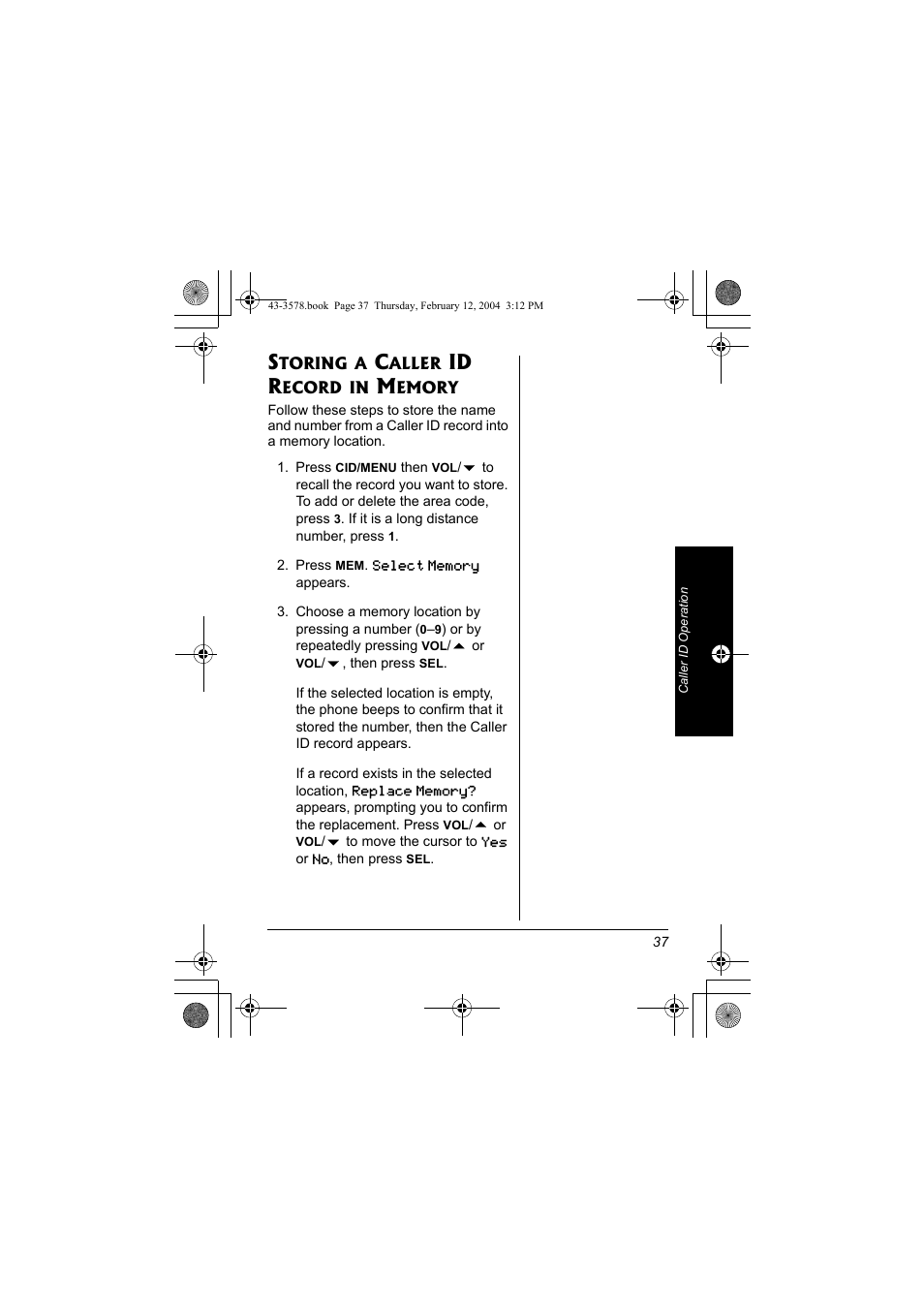 Storing a caller id record in, Memory, Id r | Radio Shack 43-3578 User Manual | Page 37 / 44