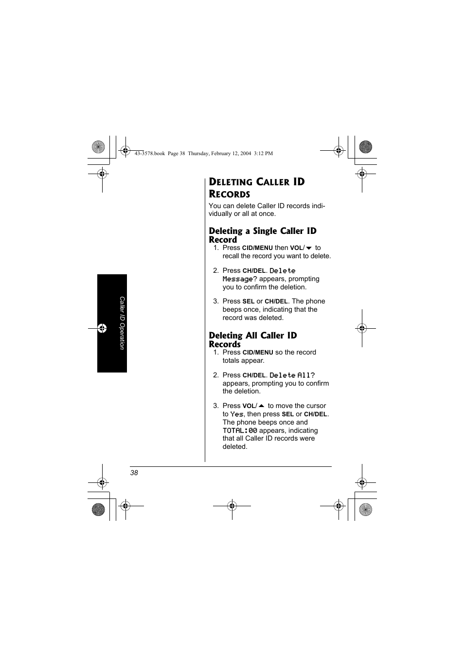 Deleting caller id records, Id r | Radio Shack 43-3578 User Manual | Page 38 / 44