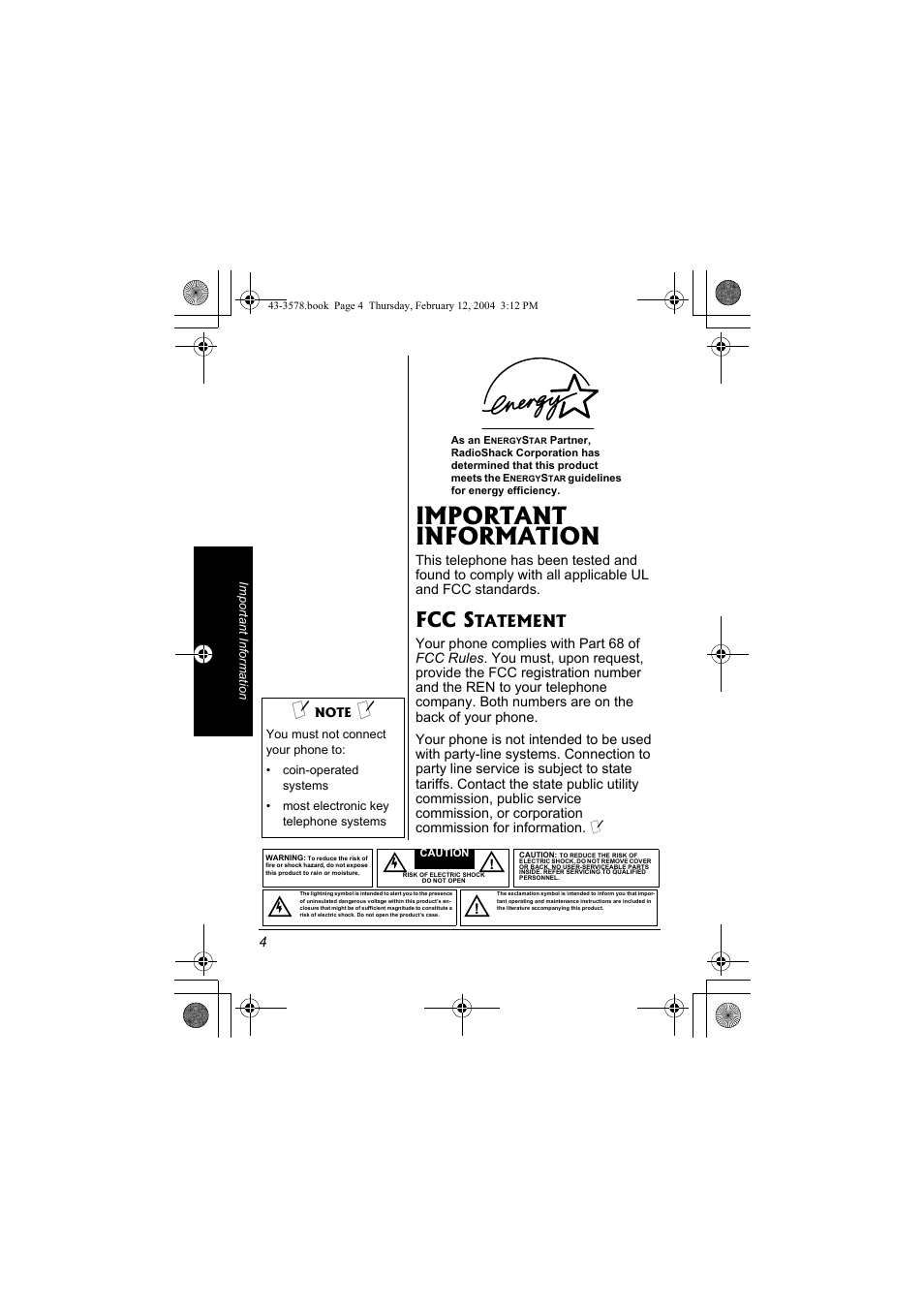 Important information, Fcc statement, Fcc s | Tatement | Radio Shack 43-3578 User Manual | Page 4 / 44