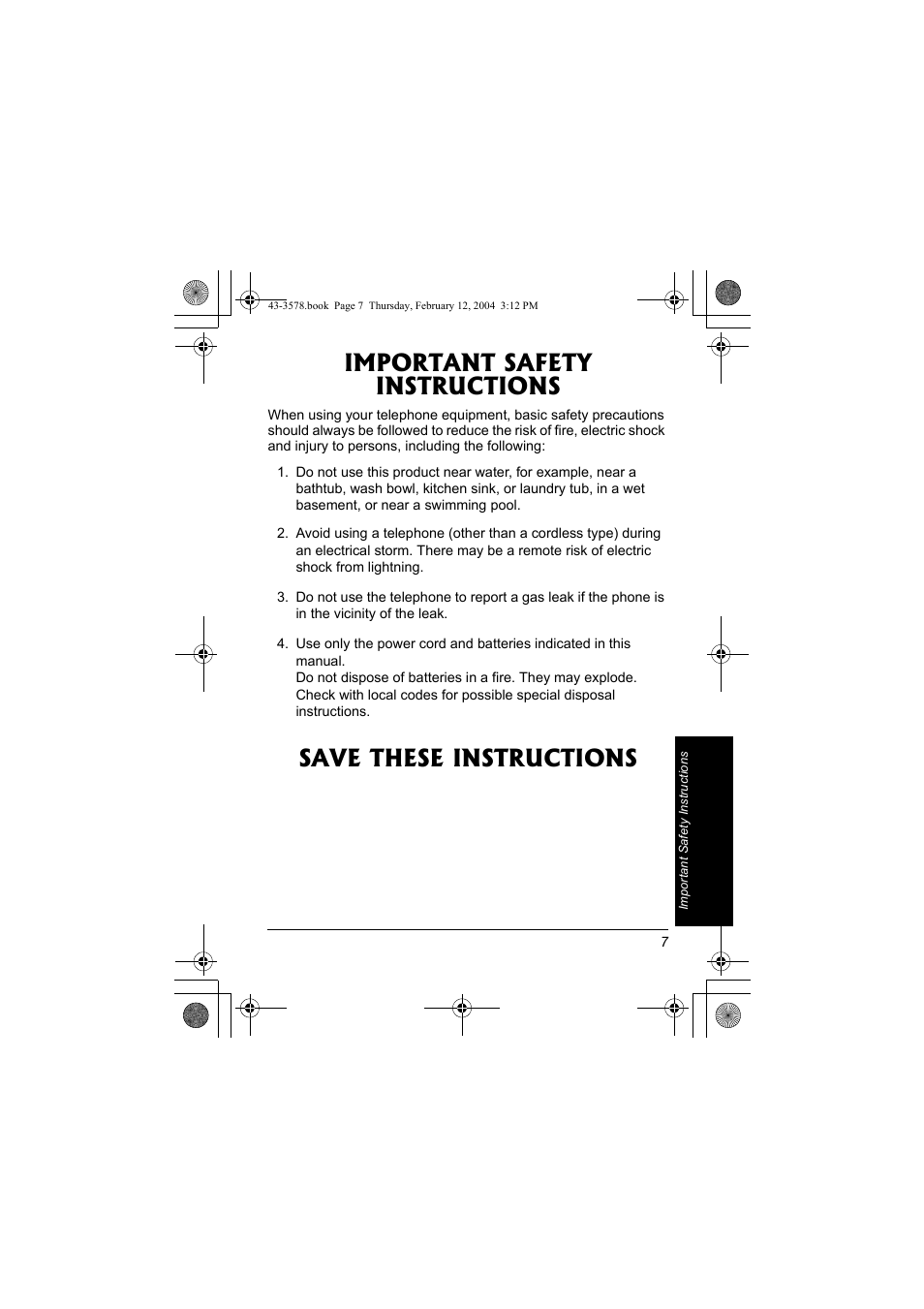 Important safety instructions, Save these instructions | Radio Shack 43-3578 User Manual | Page 7 / 44