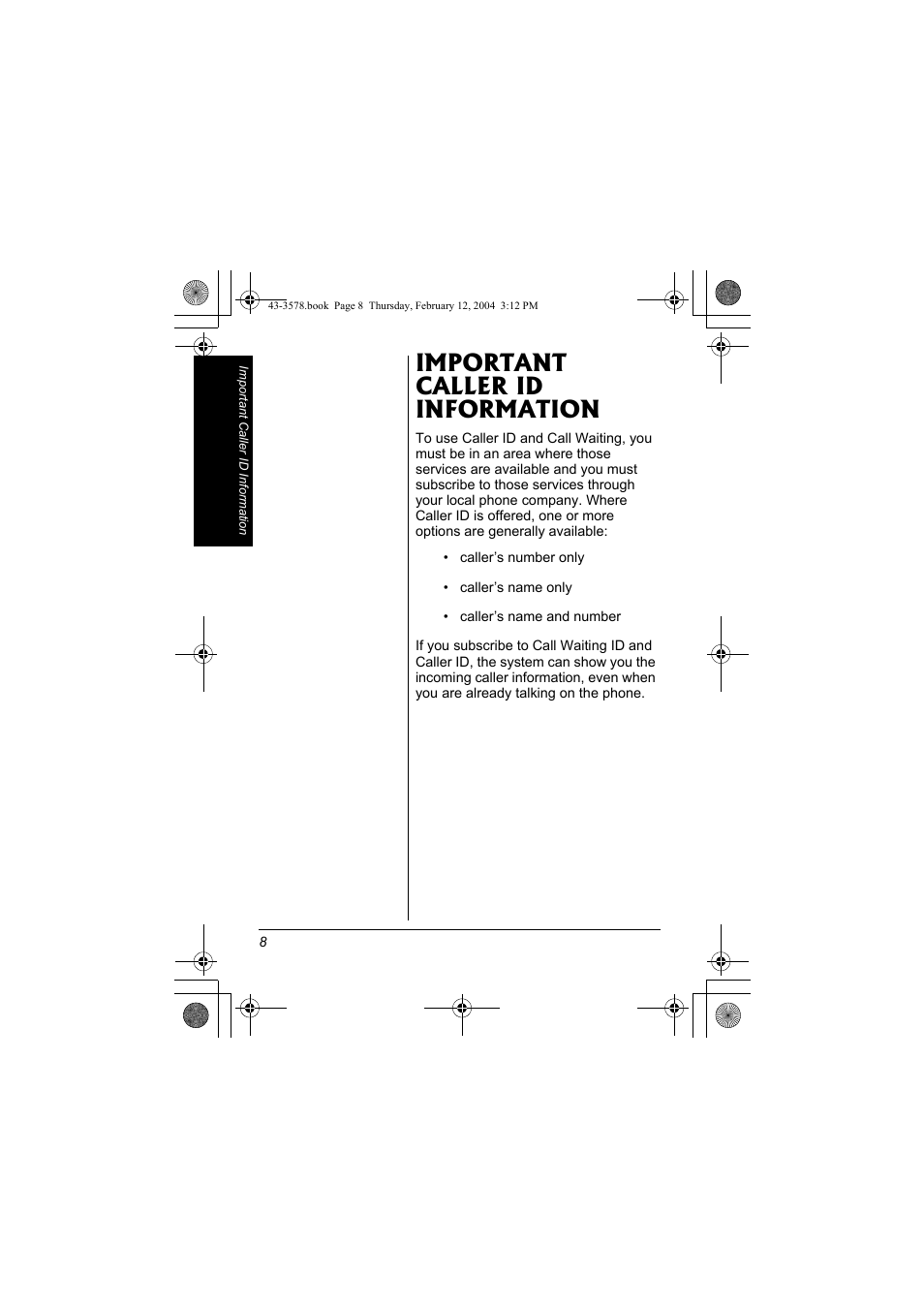 Important caller id information | Radio Shack 43-3578 User Manual | Page 8 / 44
