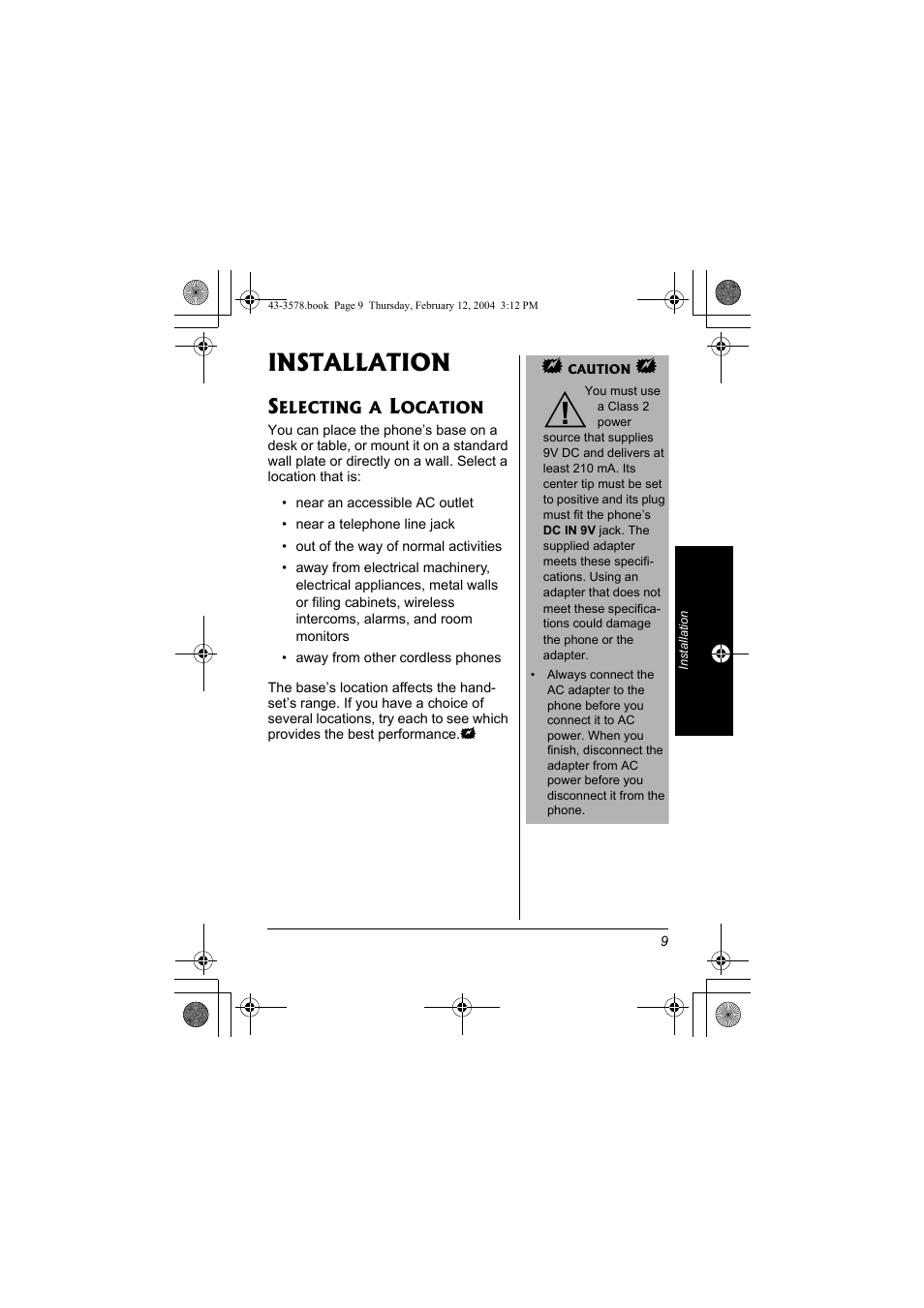 Installation, Selecting a location | Radio Shack 43-3578 User Manual | Page 9 / 44