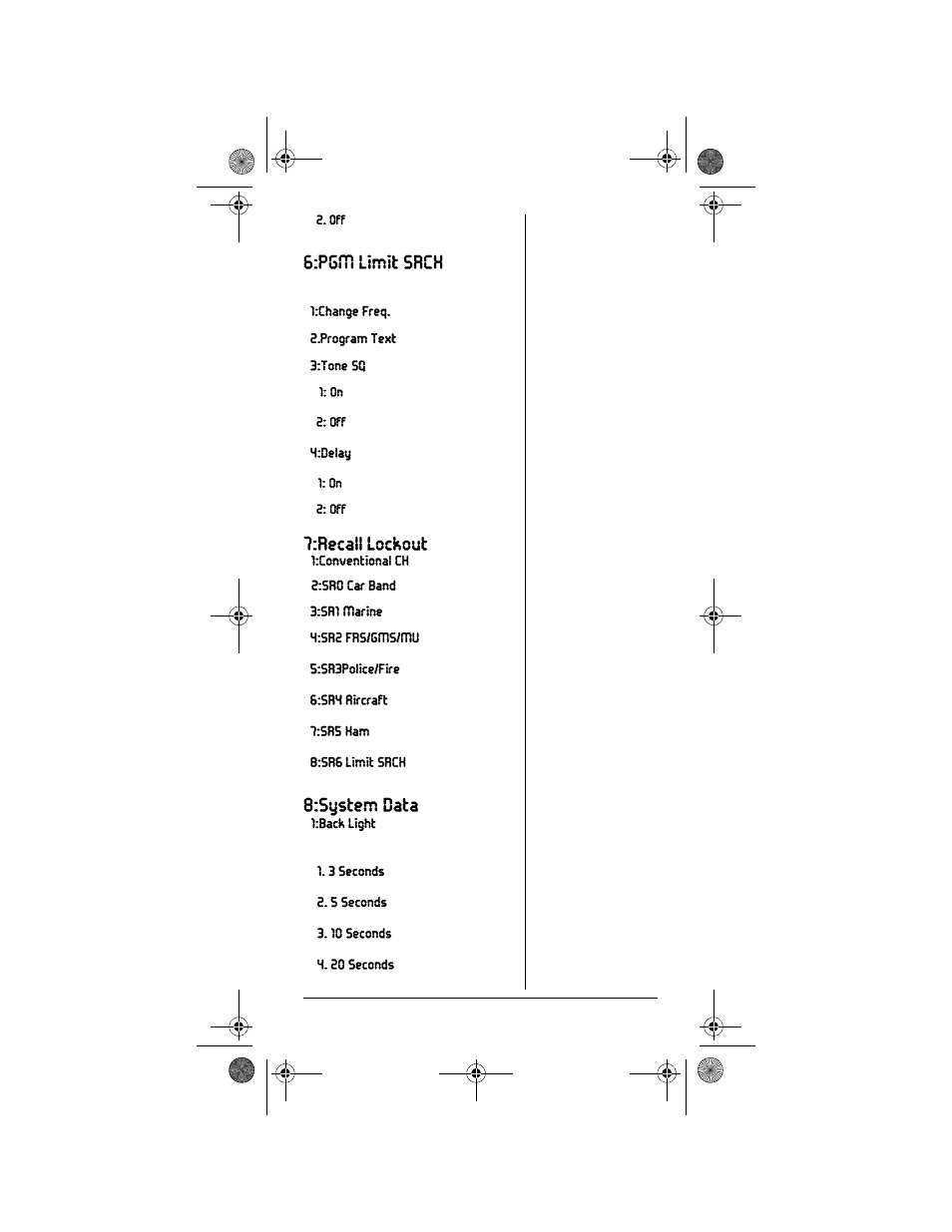 Pgm limit srch, Recall lockout, System data | Radio Shack PRO-99 User Manual | Page 21 / 76