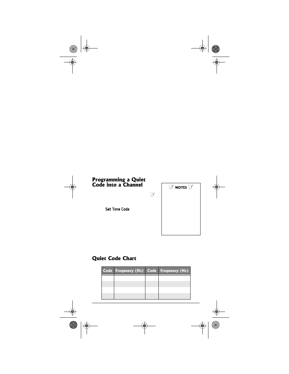 Programming a quiet code into a channel, Quiet code chart | Radio Shack PRO-99 User Manual | Page 37 / 76