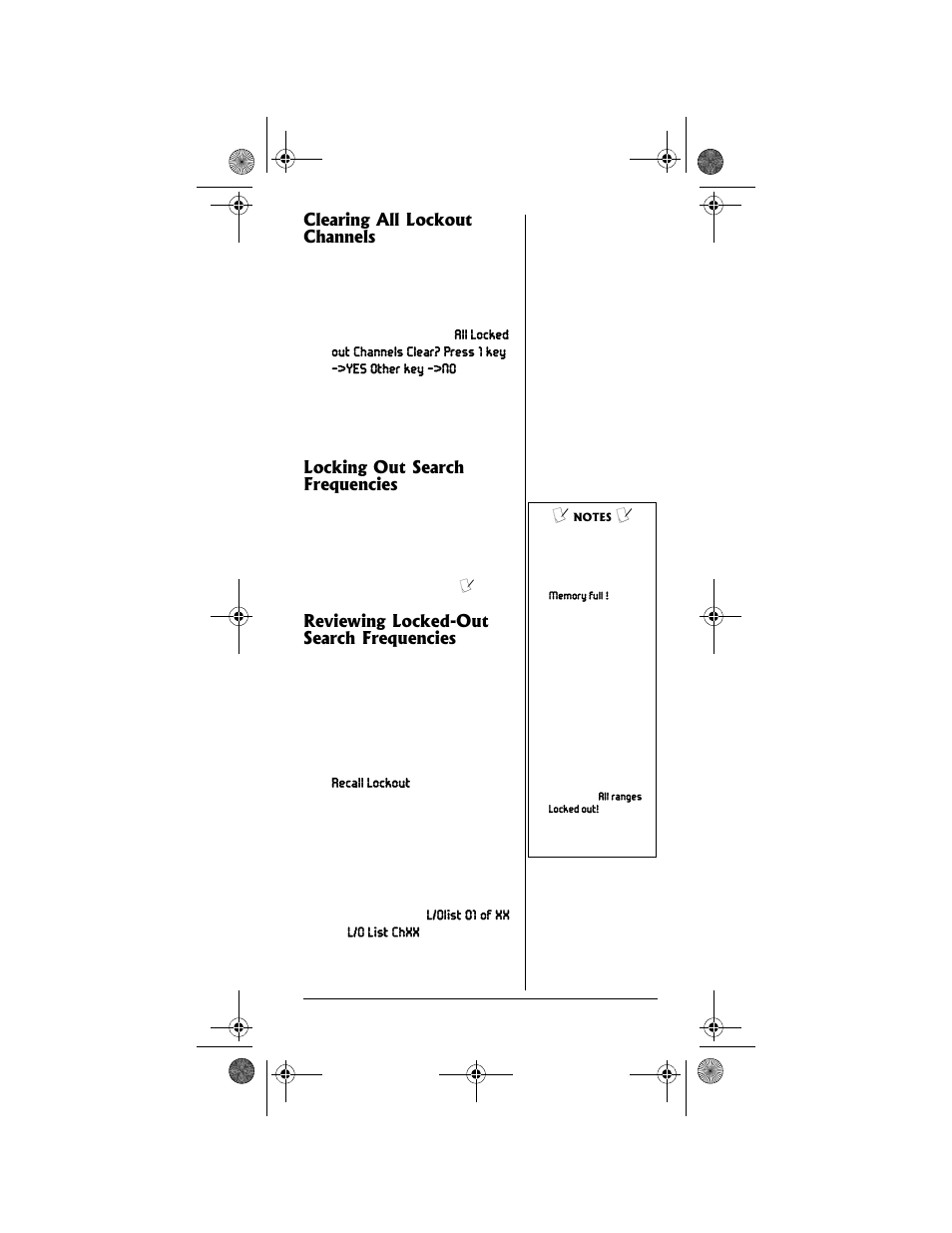 Clearing all lockout channels, Locking out search frequencies, Reviewing locked-out search frequencies | Radio Shack PRO-99 User Manual | Page 53 / 76