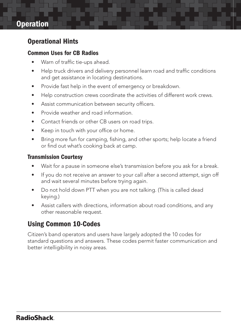 Operation, Operational hints, Using common 10-codes | Radio Shack 21-1703 A User Manual | Page 10 / 16