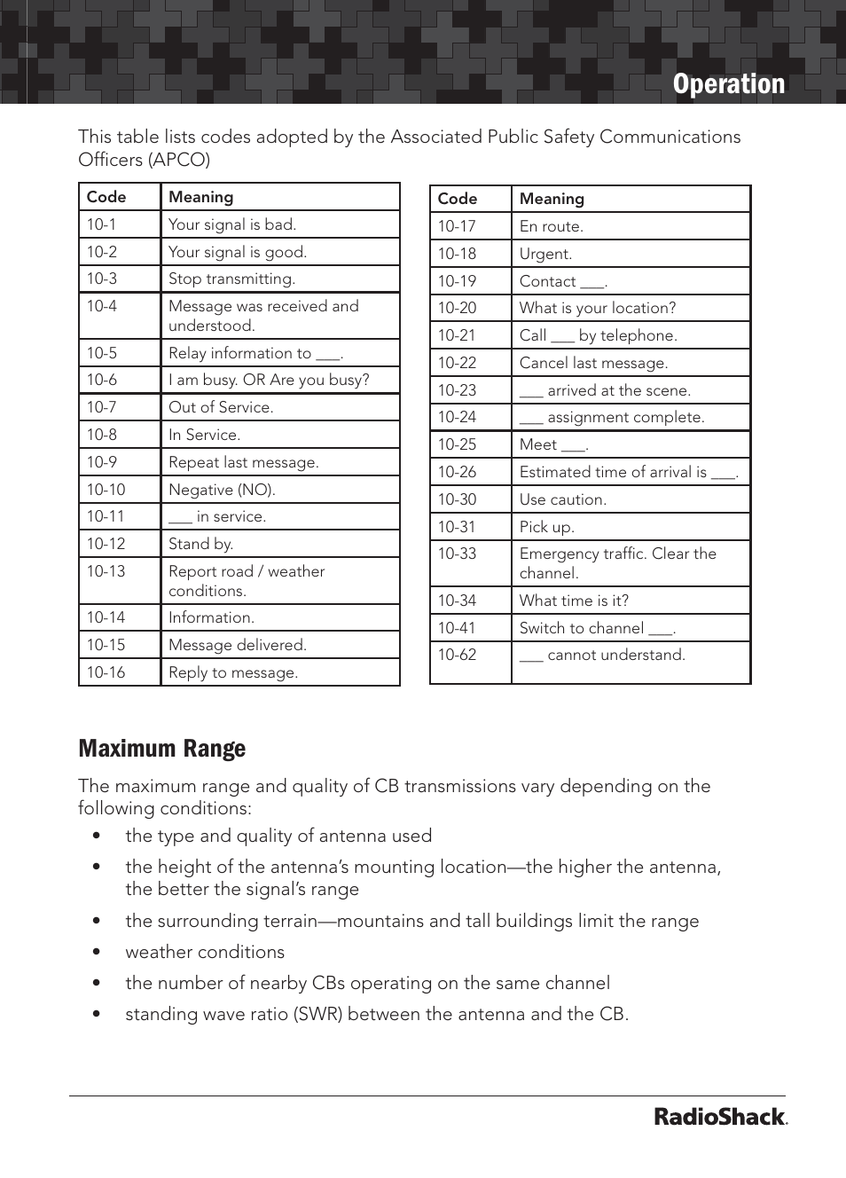 Operation, Maximum range | Radio Shack 21-1703 A User Manual | Page 11 / 16