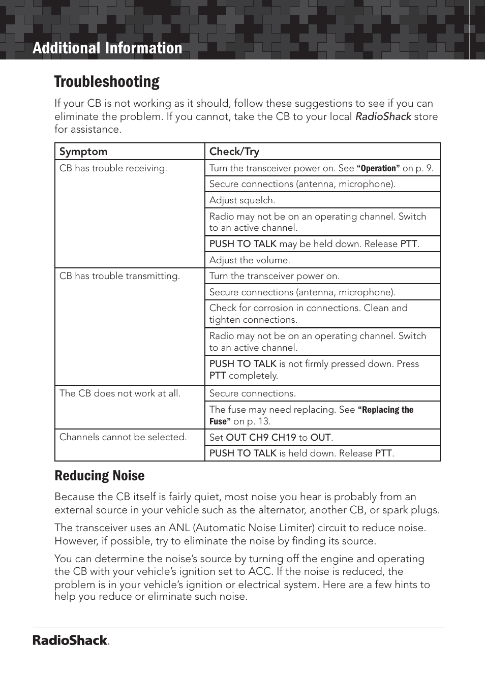 Additional information troubleshooting, Reducing noise | Radio Shack 21-1703 A User Manual | Page 12 / 16